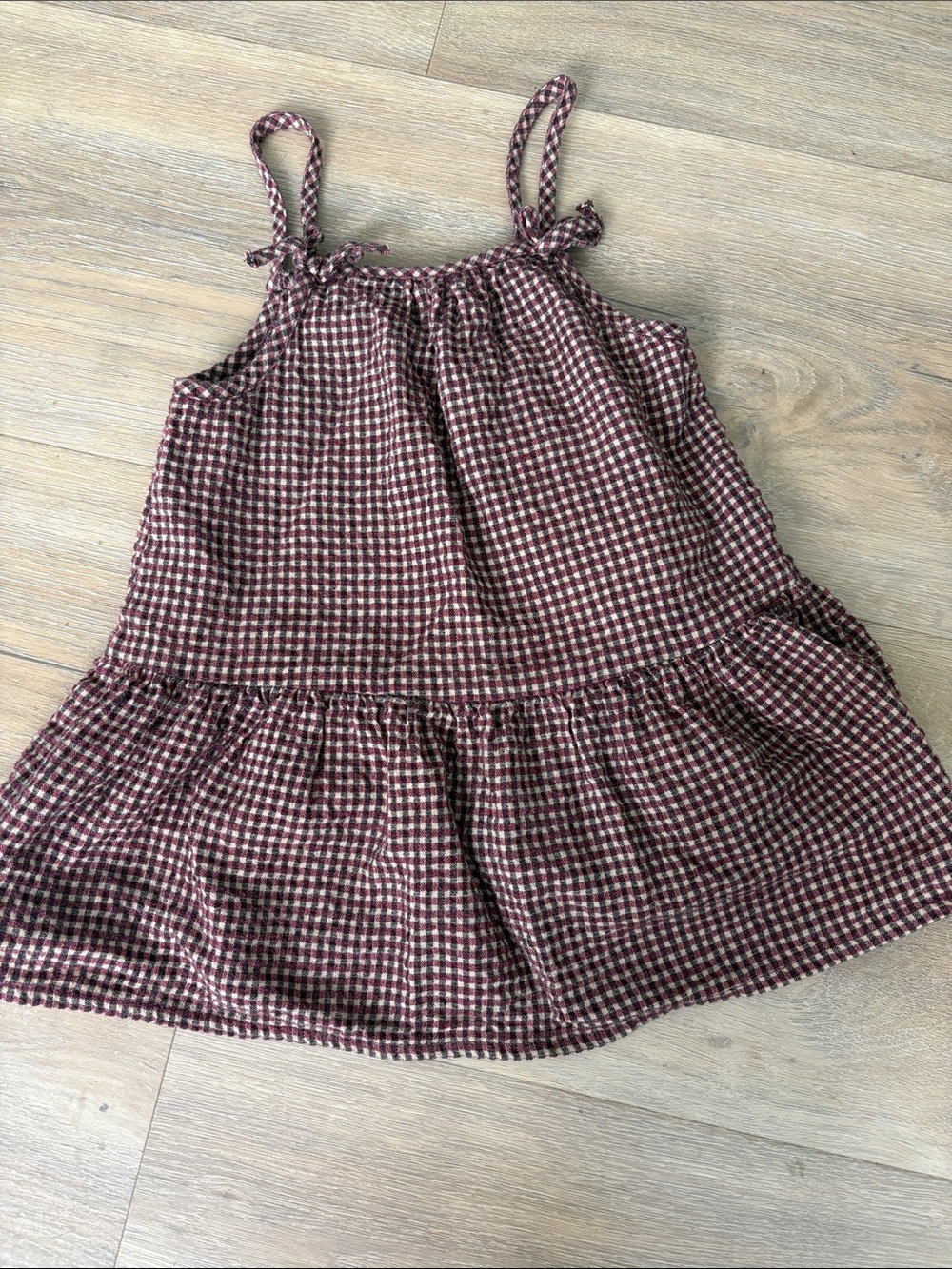 Zara Burgundy Gingham Tie-Shoulder Dress